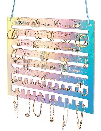 NiHome Iridescent Acrylic Hanging Earring Organizer, Wall Mount Jewelry Organizer Rack, Wall Earring Holder with 132 Earring Holes, 150 Slots, 23 Necklace Hooks for Stud Earring Bracelet Necklace Ring