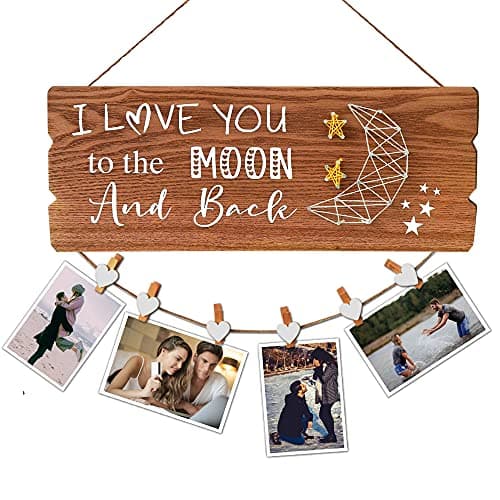 Buecasa Romantic Gifts for Girlfriend Boyfriend Couples Fiance - I Love You to The Moon and Back Photo Holder with 6 Heart Clips 15.8x6.0 Inches