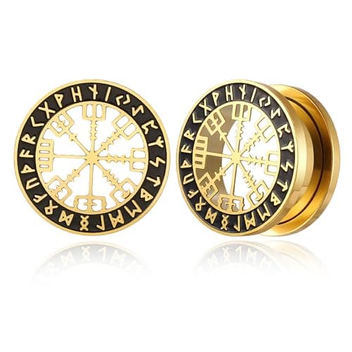 Earblity 1 Pair Cute gauges with Norse Viking Rune 9/16'' (14mm) Ear Tunnels Plugs 316 Stainless Steel Gold Ear Gauges Weight Saddle Plugs Hypoallergenic expander Piercing Body Jewelry
