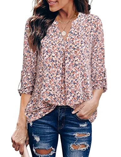Gaharu Dress Tops Women Business Casual Pink Blouses Long Sleeve Floral Shirts V Neck Chiffon Work Tunics Tops 3/4 Sleeve Blouses Professional Career Formal Office Wear Clothes Floral Pink Blue,L