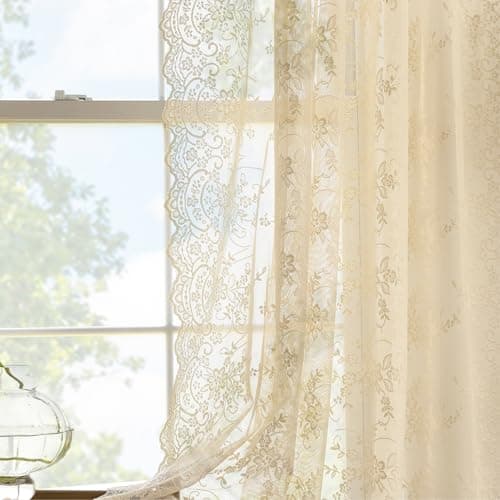 Kotile Beige Lace Curtains 54 Inch Length 2 Panels Set Country Vine Floral Scalloped Edges Vintage Sheer Lace Curtains for Bedroom, Rod Pocket Privacy Farmhouse Window Lace Curtain, 52 x 54 Inch