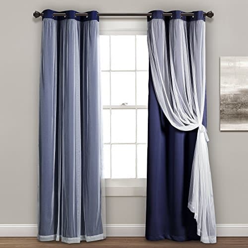 Lush Decor Sheer Grommet Curtains With Insulated Blackout Lining, Window Curtain Panels, Pair, 38"W x 84"L, Navy - Curtain With Sheer Overlay, Elegant Blackout Curtains for Bedroom