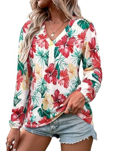 ZXZY Women's Hawaiian Blouses Shirts Long Sleeve Tropical Tunic Tops White
