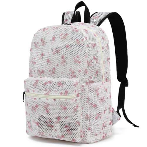 Qiwuphx Mesh School Backpack for Girls Women, 2PCS See Through Net Bookbag with Pouch Bag for Beach Work Sports Travel (Floral Pink)