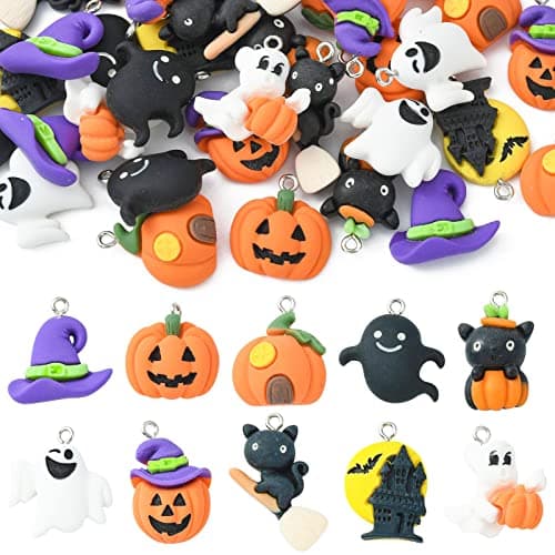 LiQunSweet 40 Pcs 10 Styles Ghost Witch Hat Pumpkin Charms Halloween Charms for Keychain DIY Necklace Bracelet Earring Jewelry Making