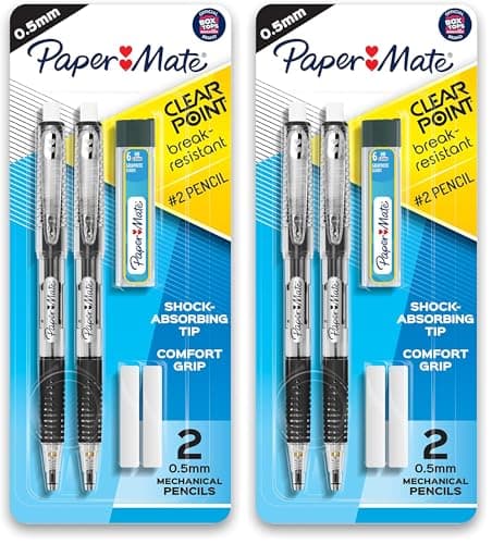 Paper Mate Clearpoint Mechanical Pencils, 0.5mm Break-Resistant HB #2 Lead, Eraser Refills, 2 Count (Pack of 2)