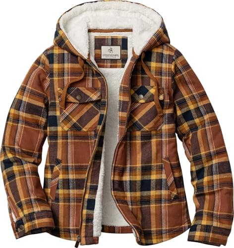 Legendary Whitetails Womens Hooded Shacket With Drawstring Hood Berber Lined Shirt Jacket, Lake Cabin Plaid, 2X