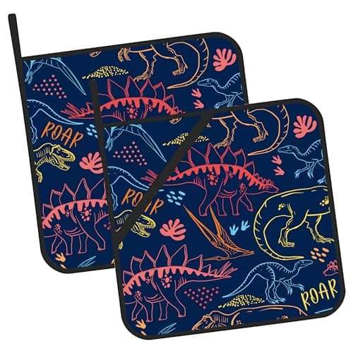 Coloful Dino Silhouette Pot Holders 2 PCS for Kitchen, Heat Resistant Hot Pads for Cooking Grilling Baking BBQ, Pot Holders for Women Cook Essentials Accessories Home Microwave