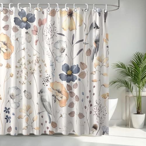 LKFBSC Flower Floral Shower Curtain, Watercolor Wildflower with Botanical and Birds Fabric Shower Curtains Set, Boho Plants Shower Curtains with Hooks, Minimalist Bthroom Decor 72x72inch