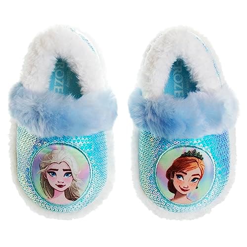 Disney Frozen 2 Elsa and Anna Girls Slippers - Plush Non-Slip Comfy Fluffy Lightweight Warm Comfort Soft Aline Indoor House Slippers - Blue White (Toddler 5-6)