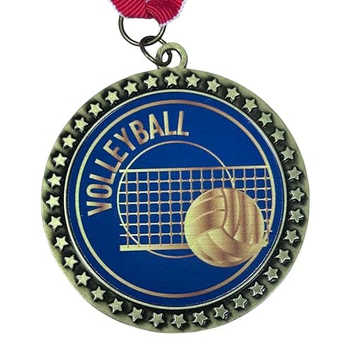 2-1/2 Inch Die-Cast Metal Volleyball Award Medal with Antique Gold Finish and Red White and Blue Neck Ribbon Trophy Medals Awards Indoor Outdoor Beach (Pack of 1)