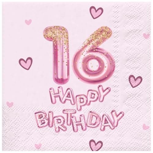 RUSPEPA 25 Pcs 16th Birthday Paper Napkins, Pink Glitter "16 Happy Birthday" Balloon Design, 3 Ply Disposable Cocktail Lunch Napkins for Girls Teens Sweet 16 Party, Tableware Decor, 6.5 x 6.5 Inch