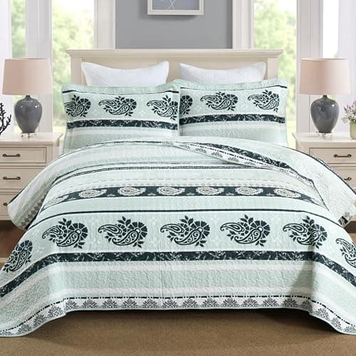 AJOCCI 100% Cotton King Quilt Set,Green Paisley Striped Pattern Bedding