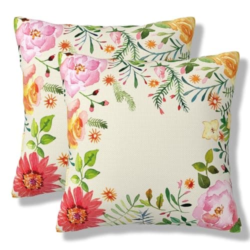ZYLITHO Summer Inspired Ornamental Throw Pillow Covers Pastel Mix Types of Flowers Square Pillow Cases 20x20 Inch Set of 2 Watercolor Flower Pillowcase Cushion Cover for Bedroom Couch Sofa