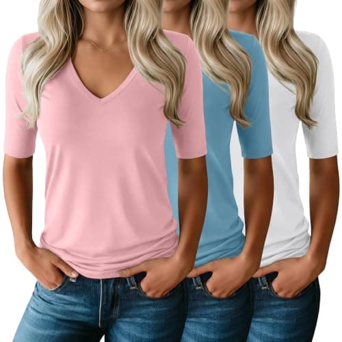 Ficerd 3 Pack Women's V Neck Half Sleeve Shirts, 3-Color, XX-Large