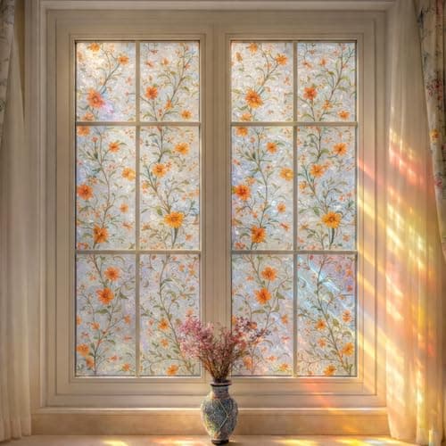 sanderala Stained Glass Window Film Double-Side Decals Glass Decals Colorful Floral Static Clings Non Adhesive Privacy Protection Rainbow Decals Sun Blocking Ant UV(Flower,17.7" x 118.1")