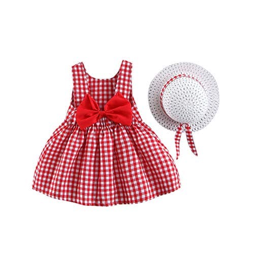 IBTOM CASTLE Toddler Baby Girls Party Summer Tutu Dresses Sleeveless Backless Bowknot Flower Dress with Straw Hat Princess Birthday Party Outfits Sundress Red-Plaid 12-18 Months