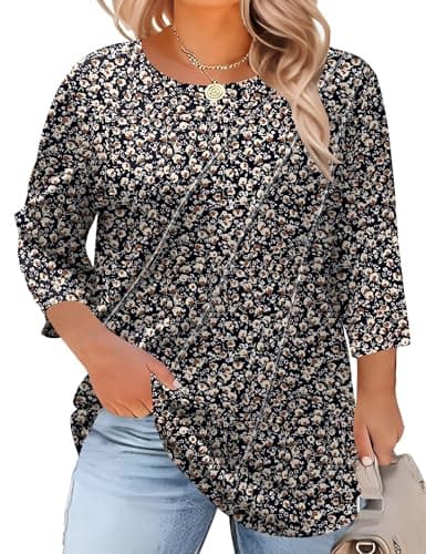 LOMON Plus Size Tunic Tops for Women Womens 3/4 Sleeve Summer Tops Crew Neck Long Sleeve Spring Summer Fashion Women 2026 Black Floral 3X