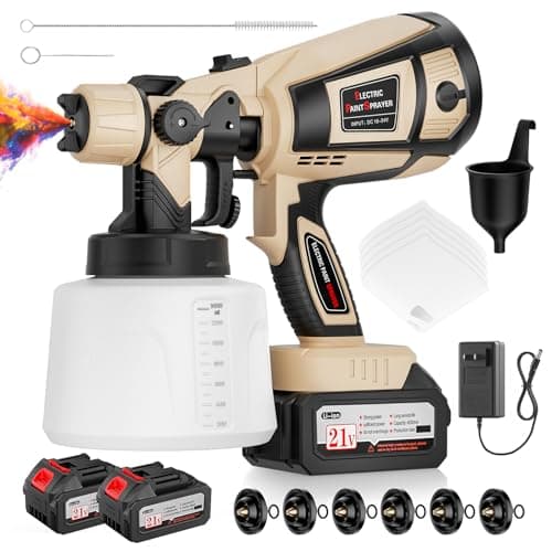 Paint Sprayer, 650W Spray Paint Gun with Battery 2 × 4.0mAh & 1400ML Container, Easy to Clean & Setup, Electric Paint Sprayer for House Painting Graffiti Wall Fence Furniture DIY Projects (Brown)