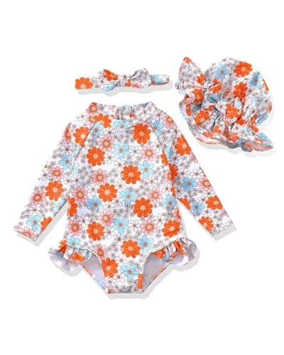 SODLON Toddler Girl Swimsuit 2T 3T Orange Long Sleeve Baby Bathing Suit
