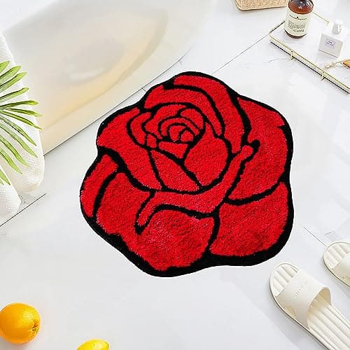 LEVINIS Red Rose Bath Rugs for Bathroom Non Slip Absorbent Bathtub Rug Bath Mat Shaggy Soft Floral Area Rugs for Girls Bedroom, Kids Room, Dorm Room, Nursery, 25.6''x23.6''