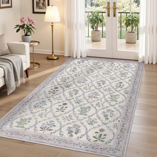 Dadasgk 3x5 Nursery Rug, Boho Purple Floral Area Rugs Machine Washable, Soft Ultra-Thin Indoor Carpet Non Slip for Girls Room Bedroom Entryway Playroom Living Room, Purple Grey
