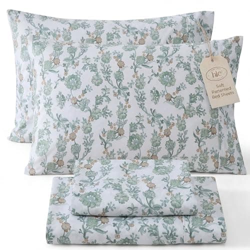 HLC.ME Ditsy Rose - Green Floral Sheets - 3 Piece - Patterned Sheets Twin Size - Floral Sheets Twin - Wrinkle Resistant & Ultra Soft - Fits Mattresses up to 15 Inches Deep (Twin, Sage Green)