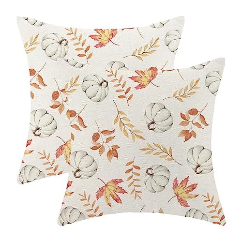 Fall Pillow Covers 18x18 Set of 2 Pumpkin and Maple Leaf Fall Decor Pillowcase Linen Autumn Thanksgiving Decorative Outdoor Throw Pillow Covers Warm Tones Farmhouse Cushion Case for Couch Home