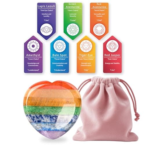 Thumb Worry Stone, Chakras Worry Stone for Anxiety, Hand Carved Natural Gemstone Heart Shaped Seven Chakra Crystal, Crystals and Healing Stones for Meditation 1.5"