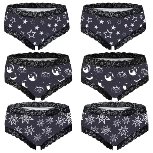 SENBEVINI 6pcs Gothic Chic Low Rise Bikinis Contrast Lace, Skull & Eyeballs & Stars Print, Women Comfortable Hipster Panties (US, Alpha, Medium, Regular, Regular, Multicolor4)