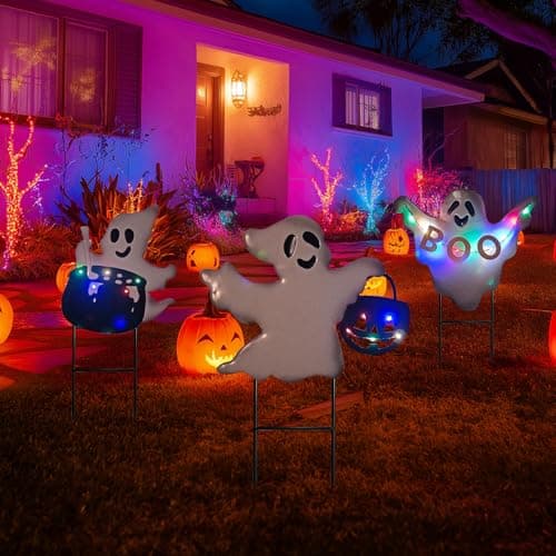 HONGLAND Solar Powered Halloween Yard Stakes, 3 Pack 24" Metal Outdoor Decor with Ghost, Pumpkin and Cauldron for Garden, Lawn, Patio