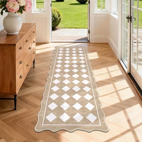 Pauwer Checkered Hallway Runner Rug 2x6, Non Slip Washable Mat, Beige