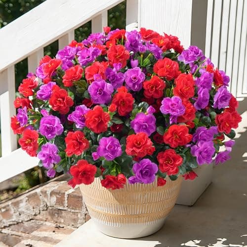 Artificial Faux Outdoor Flowers Plants for Spring Summer Decoration, Fake Silk Camellia UV Resistant Look Real for Planter Outside Front Door Porch Patio Balcony, 3 Large Bundles (Red+Fuchsia)