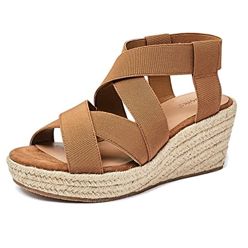 Luoika Women's Wide Width Wedge Sandals, Platform Ankle Strap Open Toe Espadrille Wedge Pump Heel Women's Sandals Concise Casual Summer Shoes. Brown 220713 11.5XW