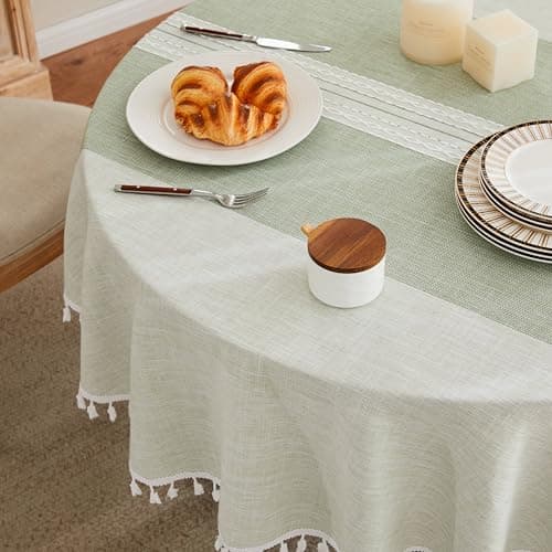 ZeeMart Contrast Linen Round Table Cloth 52 Inch Mid-Stripe Green