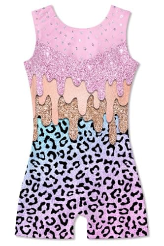 uideazone Leopard Gymnastics Leotards for Girls Sparkly Mesh Unitards 6 7