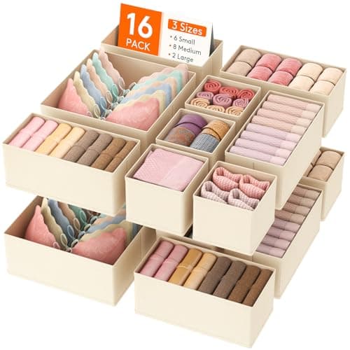 Lifewit 16 Pack Drawer Organizer, Dresser Underwear Drawer Organizer Bins, Foldable Fabric Closet Organizers, Storage Drawer Dividers, Dorm Room Essentials for Clothing, Socks, Towels, Ties Khaki