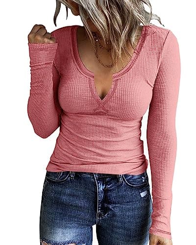 KINLONSAIR Women Long Sleeve Scoop Neck Casual T-Shirt Basic Ribbed Tops