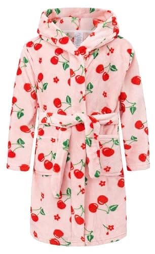 FunnyPaja Girls Soft Fleece Robes Plush Hooded Bathrobes Sleepwear for Kids 2-16 Years Pink Cherry 4-5 Years