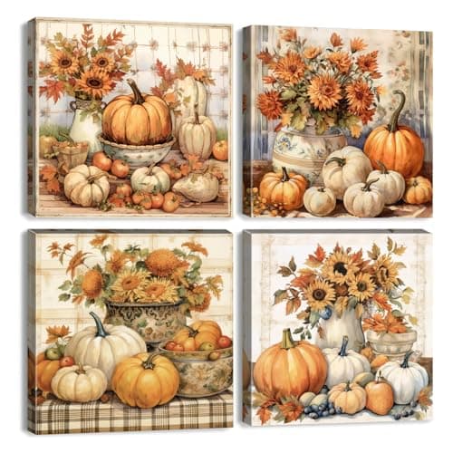 Thanksgiving Wall Art Fall Pumpkin Pictures Wall Decor Kitchen Vintage Rustic Sunflower Posters Autumn Paintings Canvas Prints Holiday Gifts Artwork for Bathroom Living Room Home Decorations 12x12” 4P