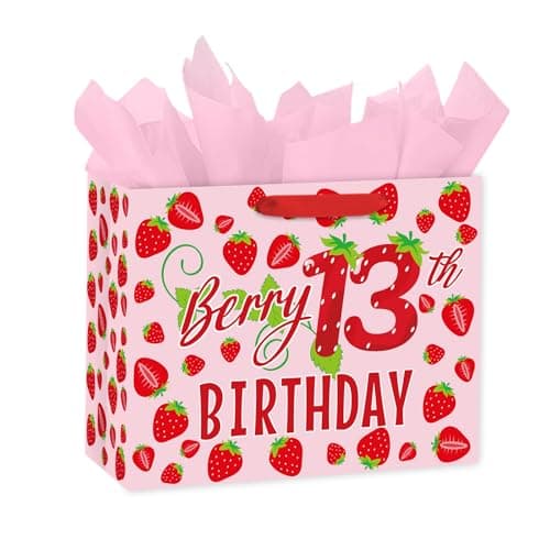 Loveinside 13" Large Berry 13th Birthday Gift Bag, Sweet Pink Strawberry Design, Fruit Theme Gift Bag with Tissue Paper for Teen Girl 13th Birthday Presents, Party Favor Bag, 13" x 5" x 10", 1 Pcs