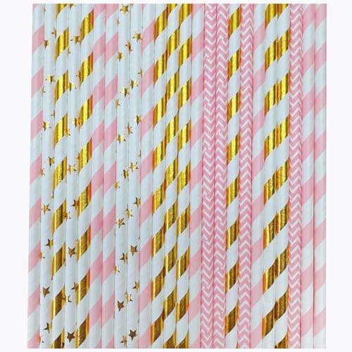 YAOSHENG [100 Pack] Pink & Gold Paper Straws Disposable, 100% Biodegradable Multi-Pattern Party Straws For Birthday, Wedding and Holiday Decoration (pink gold)