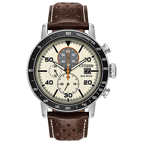 Citizen Men's Eco-Drive Weekender Brycen Chronograph Watch in Stainless Steel, Brown Leather Strap, Ivory Dial (Model: CA0649-06X)