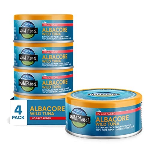 Wild Planet Albacore Wild Tuna, No Salt Added, 5 Ounce Can, Pack of 4