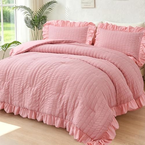 ZSYAYAHA 5 Pieces Pink Comforter Set Ruffle King Size Bedding Set Seersucker Bed in A Bag Ultra Soft Ruffled Bed Sets with Comforter, Sheets, Pillowcases for Women(Pink, King)