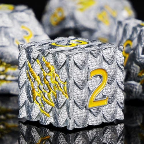 Dragon Scales Metal Dice Set with Intricate Dragon Claw Engravings - Gift Metal Box for D&D, MTG, RPG Tabletop Games（Gray）
