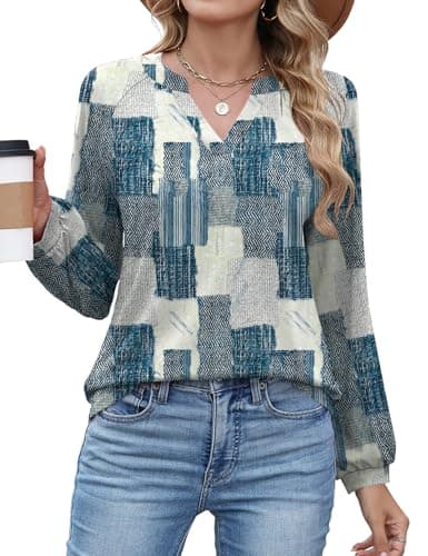 AKEWEI Womens Long Sleeve Tops V-Neck Blouse Casual Business Raglan Tunics Winter Fashion Blue and White Plaid XXL