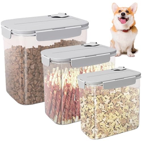 WBKTOOL Dog Food Storage Container - Set of 3 Sizes Airtight Dog Treat Cat Food Containers - Small Plastic Pet Treat Holder for Cats, Dogs - Light Grey 3 Lbs + 2 Lbs + 1 Lbs Container Set
