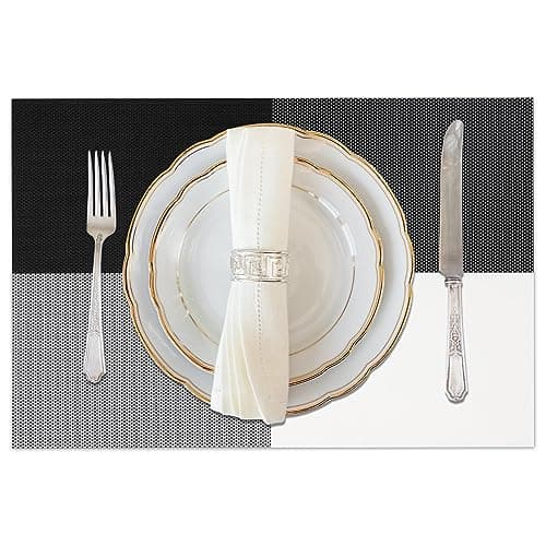 EDanle Vinyl Plastic Placemats Set of 4 Washable Heat Resistant Non-Slip Elegant Indoor Outdoor Kitchen Dining PVC Woven Table Place Mats (Black White Lattice Block)