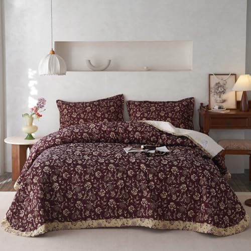 EAVD French Vintage Floral Quilt Set Queen Soft Cotton Chic Shabby Garden Floral Quilted Bedspread with 2 Pillow Shams Fresh Flower Botanical Quilt Set for All-Season
